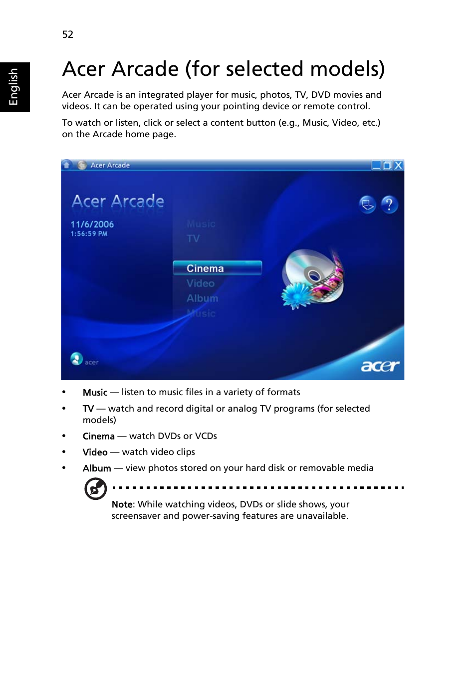 Acer arcade (for selected models), Finding and playing content | Acer Aspire 7720G User Manual | Page 72 / 123