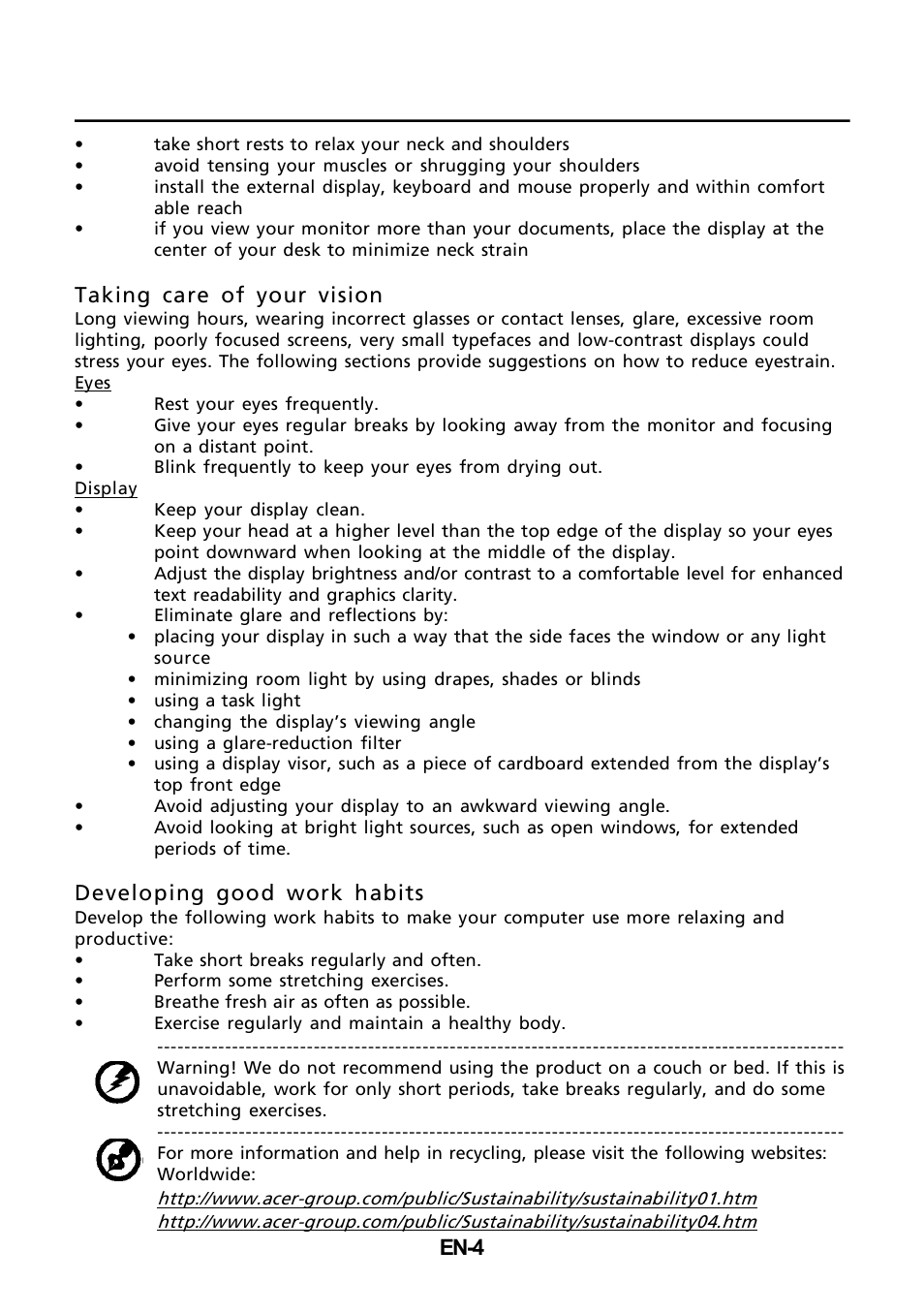 En-4, Taking care of your vision, Developing good work habits | Acer V273H User Manual | Page 5 / 22