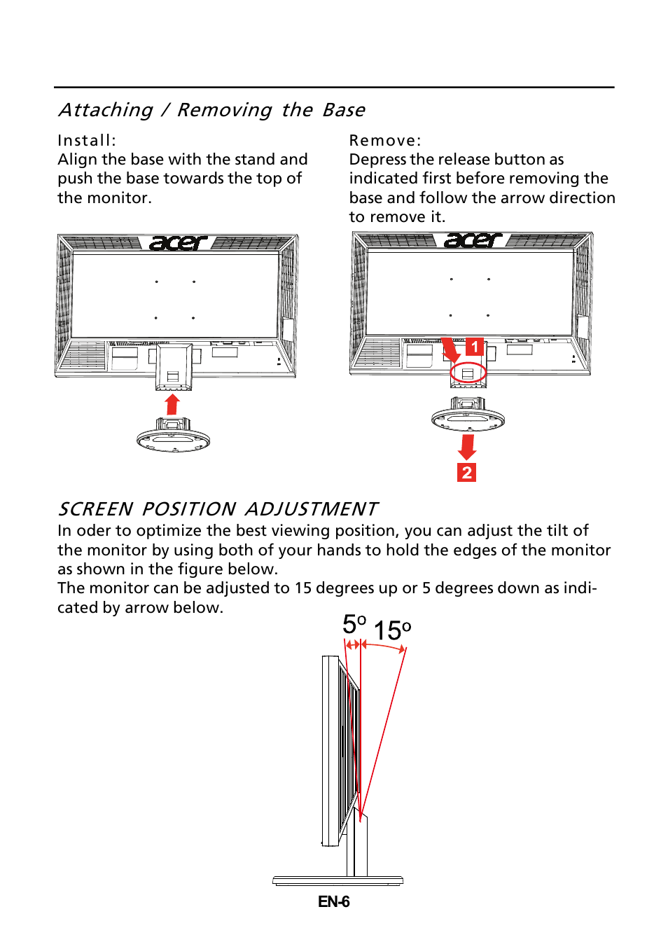 Attaching / removing the base, Screen position adjustment | Acer V273H User Manual | Page 7 / 22