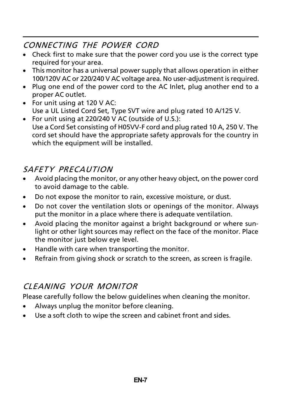 Connecting the power cord, Safety precaution, Cleaning your monitor | Acer V273H User Manual | Page 8 / 22