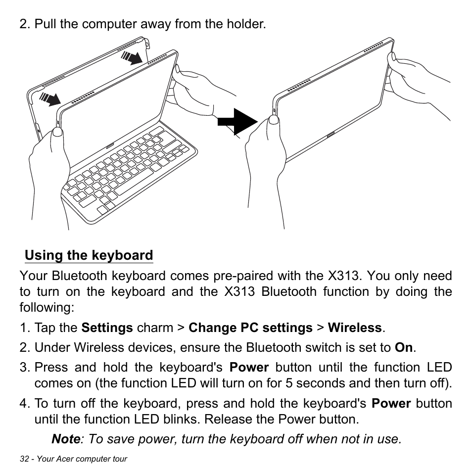 Using the keyboard | Acer TravelMate X313-M User Manual | Page 32 / 92