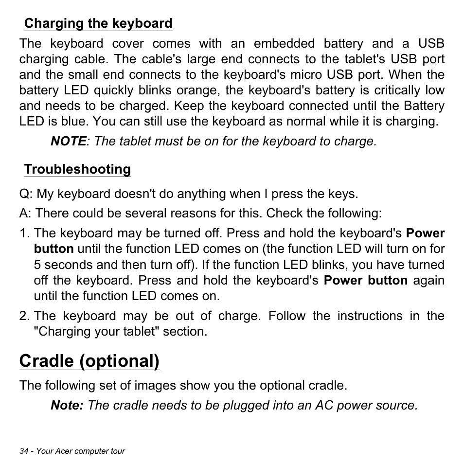 Charging the keyboard, Troubleshooting, Cradle (optional) | Charging the keyboard troubleshooting | Acer TravelMate X313-M User Manual | Page 34 / 92