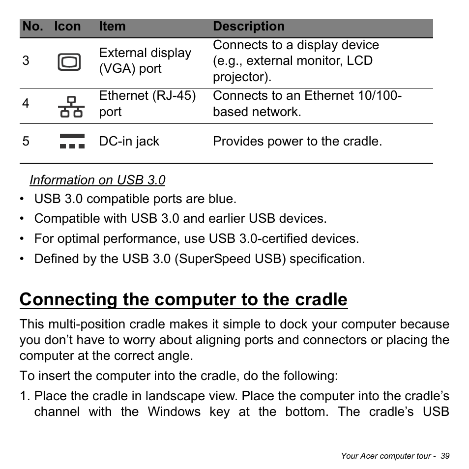 Connecting the computer to the cradle | Acer TravelMate X313-M User Manual | Page 39 / 92