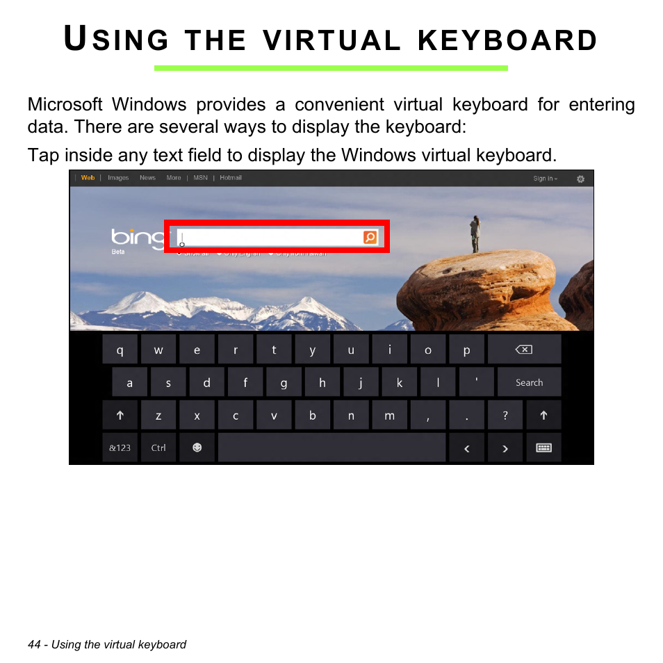 Using the virtual keyboard | Acer TravelMate X313-M User Manual | Page 44 / 92