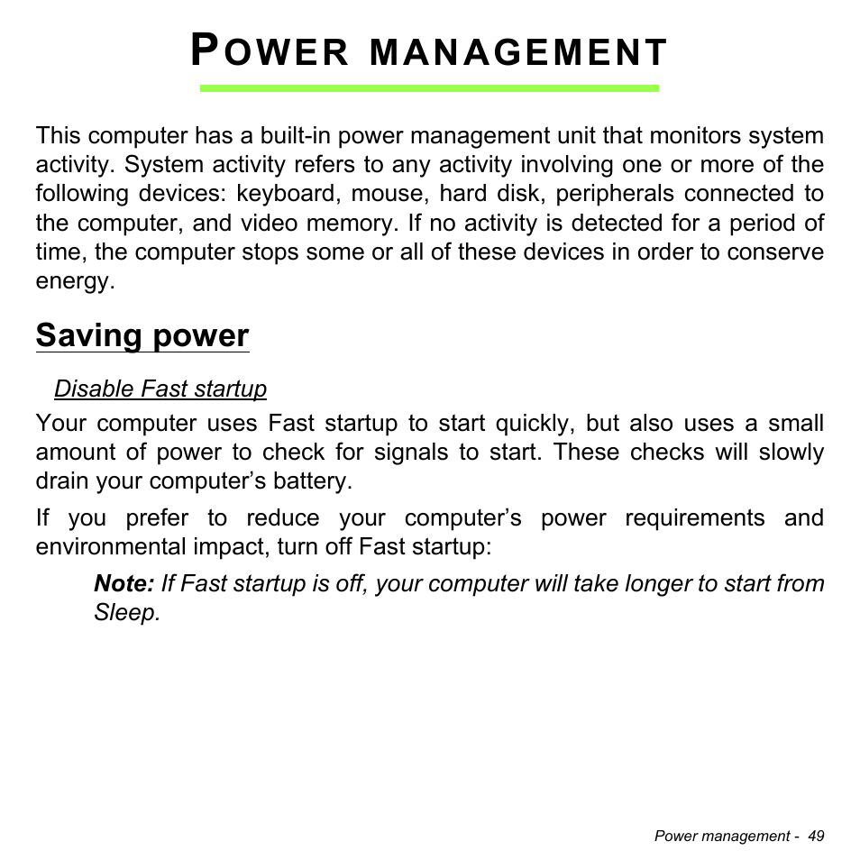 Power management, Saving power, Ower | Management | Acer TravelMate X313-M User Manual | Page 49 / 92