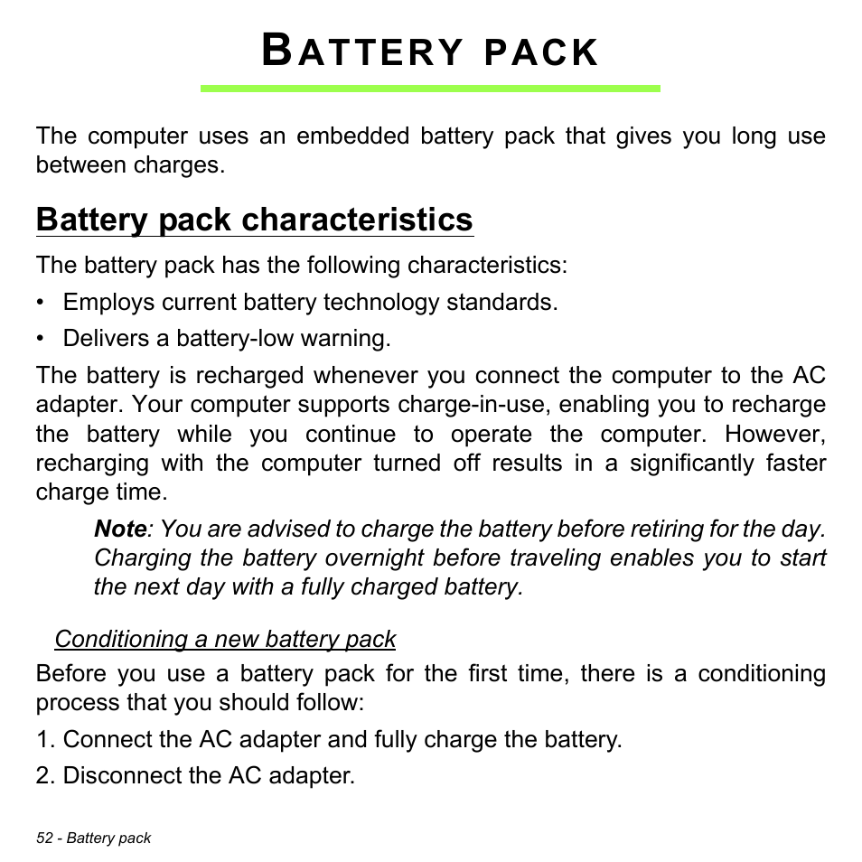 Battery pack, Battery pack characteristics, Attery | Pack | Acer TravelMate X313-M User Manual | Page 52 / 92