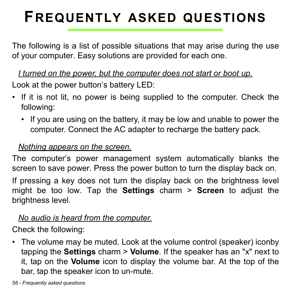 Frequently asked questions, Requently, Asked | Questions | Acer TravelMate X313-M User Manual | Page 58 / 92