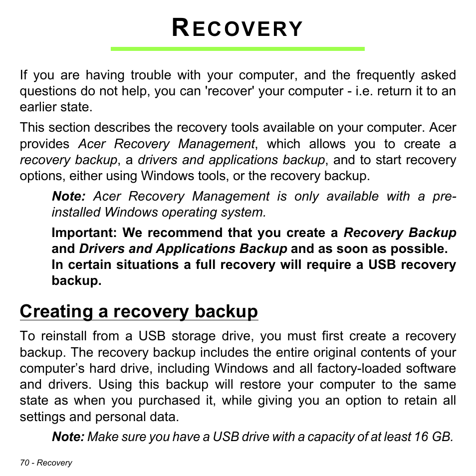 Recovery, Creating a recovery backup, Ecovery | Acer TravelMate X313-M User Manual | Page 70 / 92