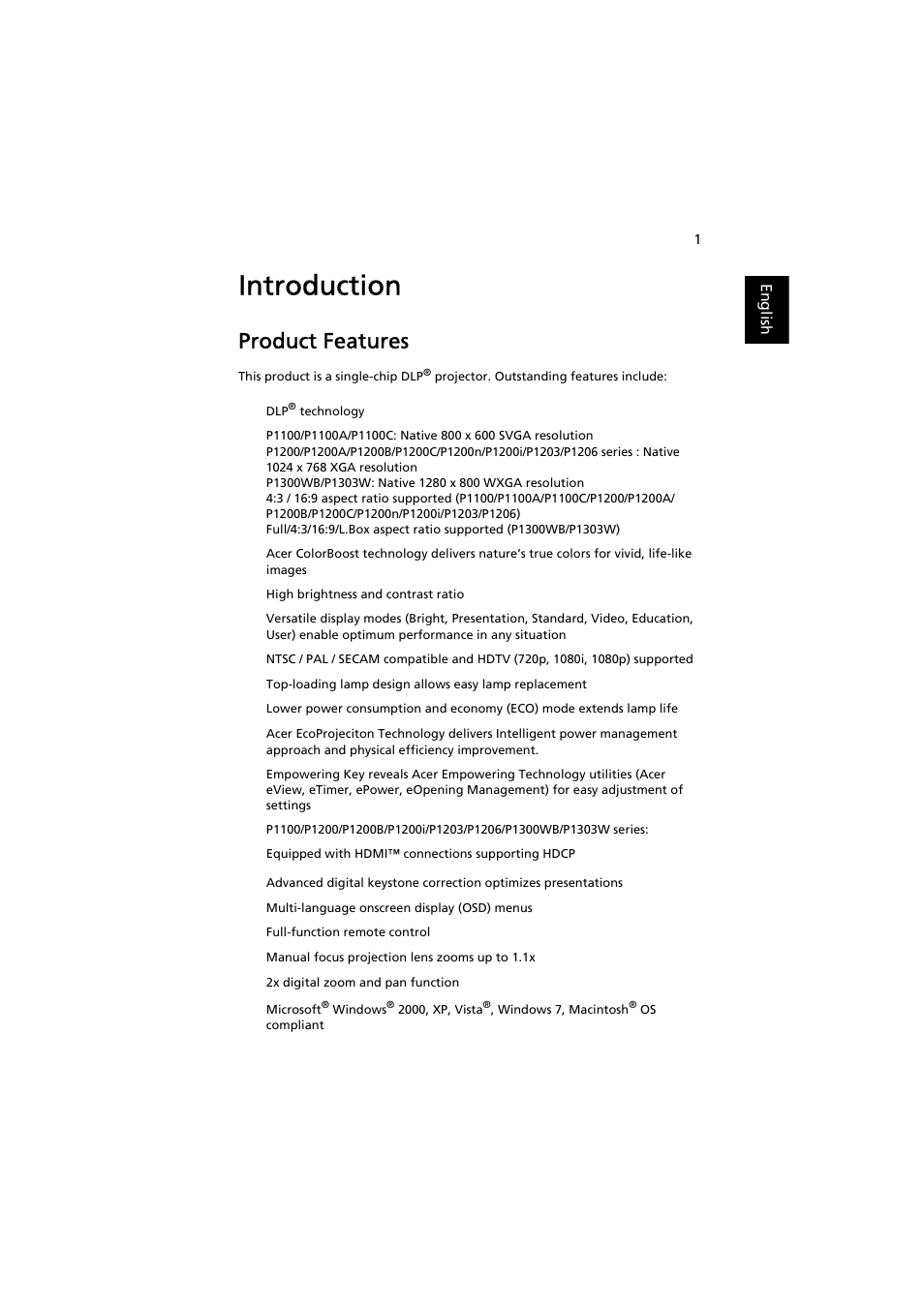 Introduction, Product features | Acer P1200 User Manual | Page 11 / 75