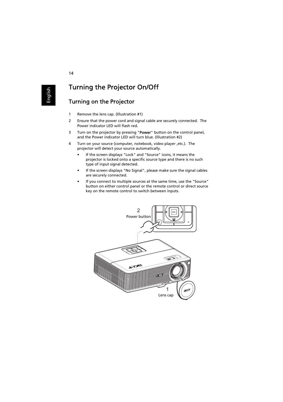 Turning the projector on/off, Turning on the projector | Acer P1200 User Manual | Page 24 / 75