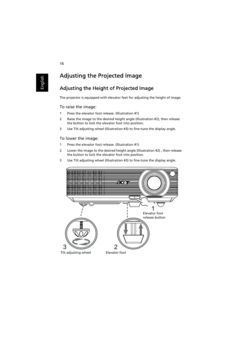 Adjusting the projected image, Adjusting the height of projected image | Acer P1200 User Manual | Page 26 / 75