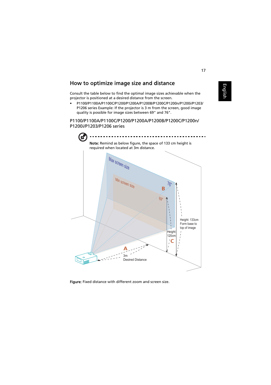 How to optimize image size and distance | Acer P1200 User Manual | Page 27 / 75