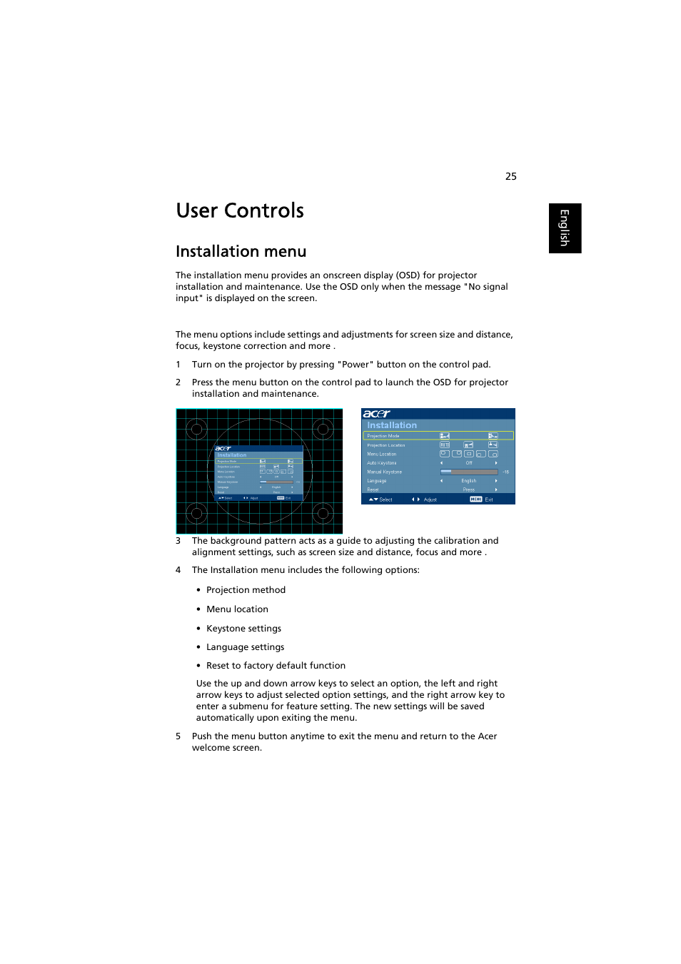 User controls, Installation menu | Acer P1200 User Manual | Page 35 / 75