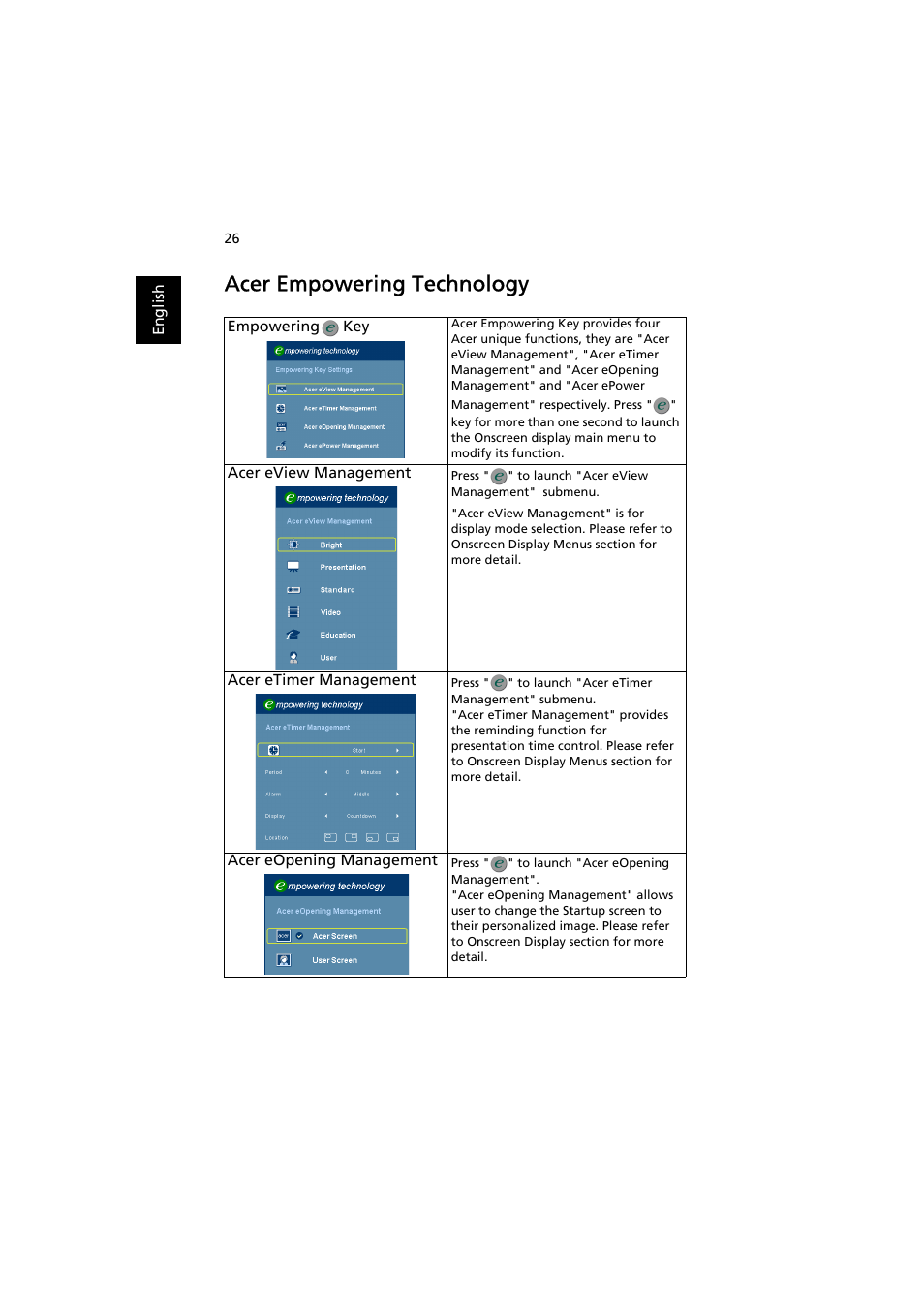 Acer empowering technology | Acer P1200 User Manual | Page 36 / 75