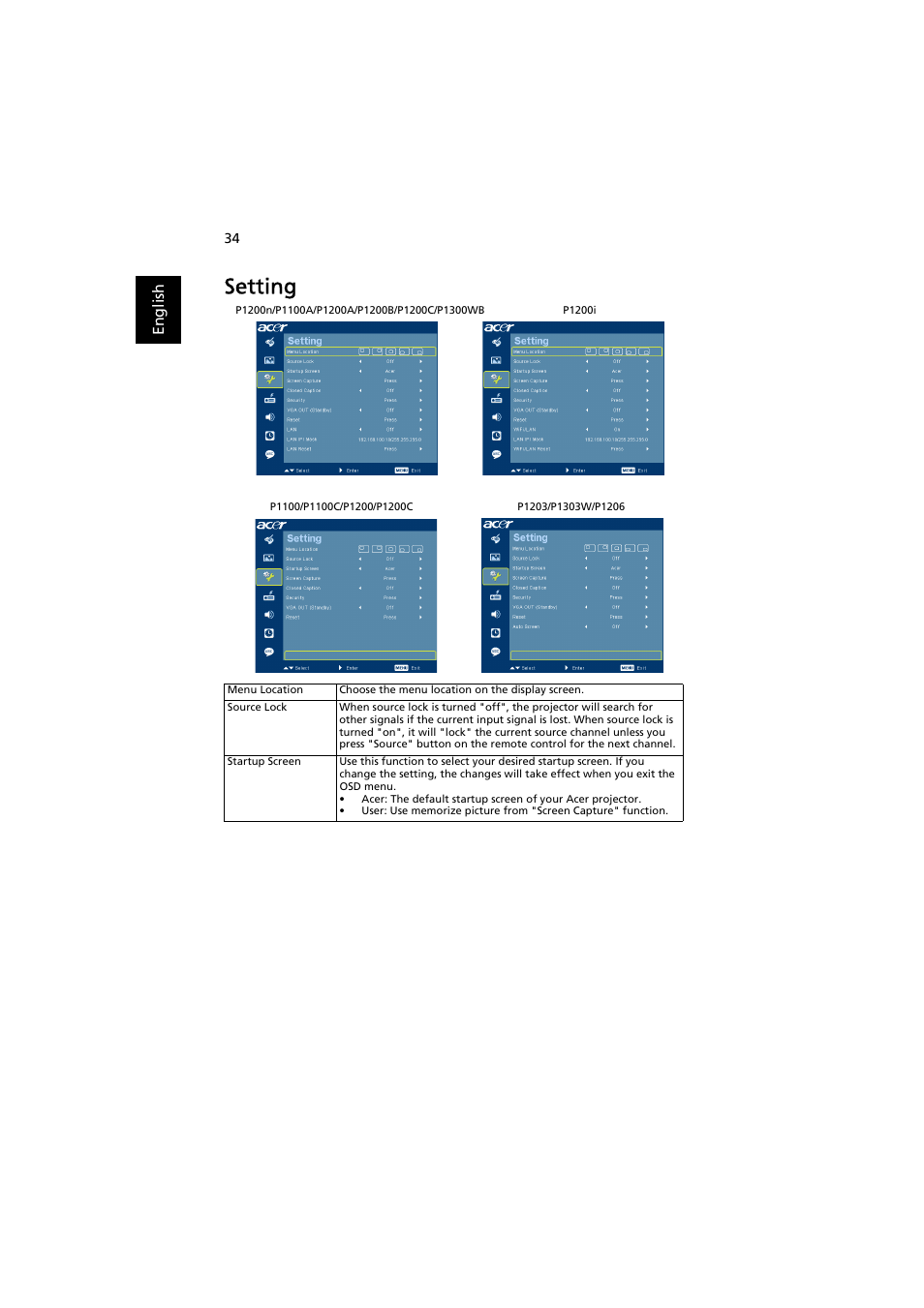 Setting | Acer P1200 User Manual | Page 44 / 75