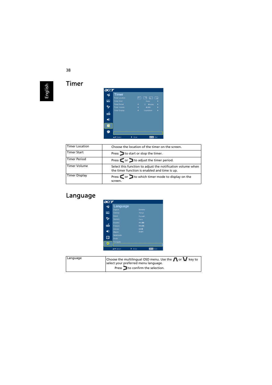 Timer, Language, Timer language | Acer P1200 User Manual | Page 48 / 75