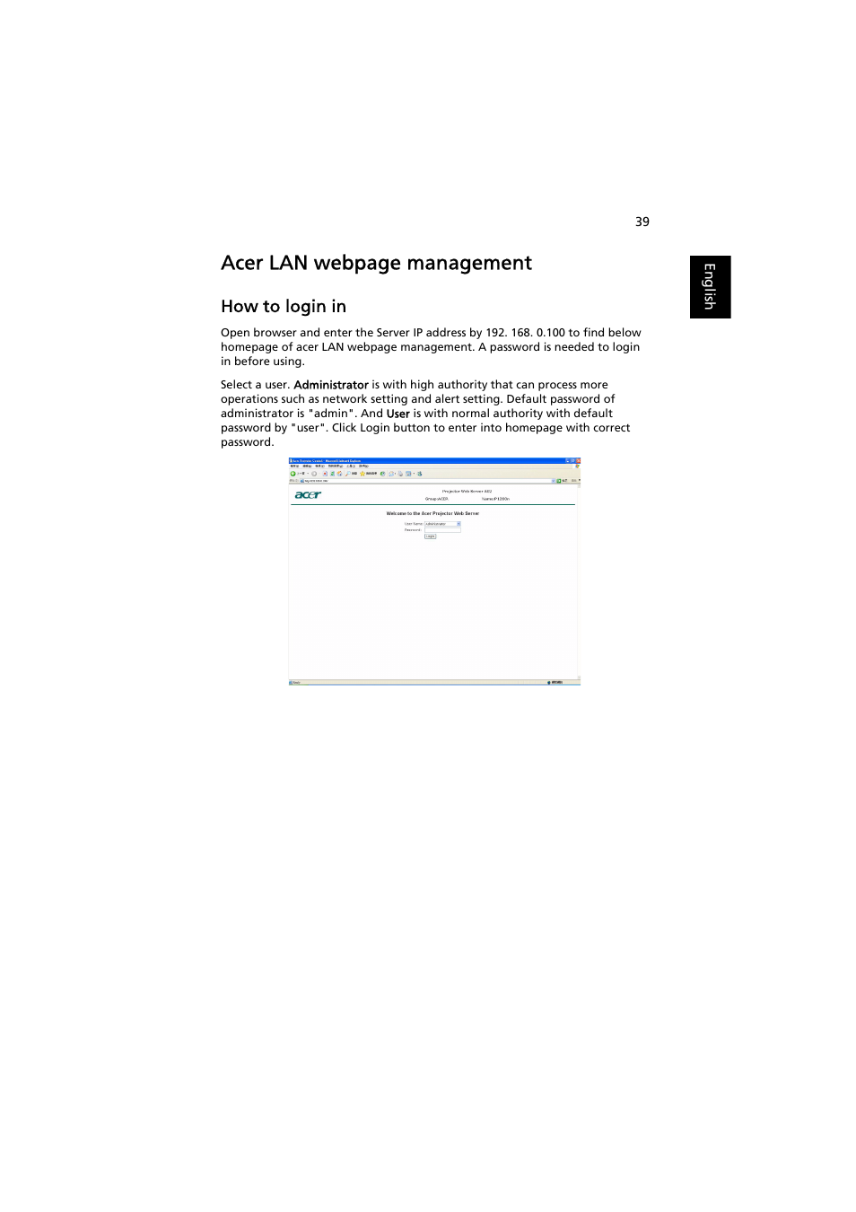 How to login in, Acer lan webpage management | Acer P1200 User Manual | Page 49 / 75