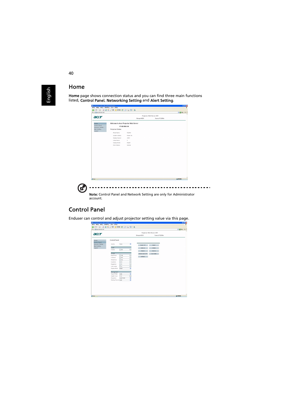 Home, Control panel | Acer P1200 User Manual | Page 50 / 75