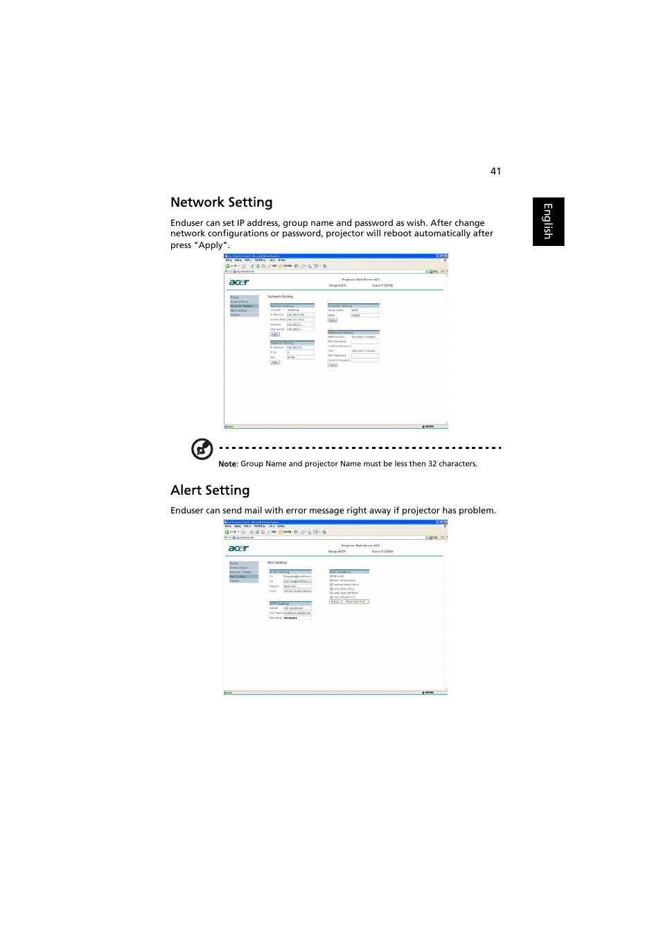 Network setting, Alert setting | Acer P1200 User Manual | Page 51 / 75