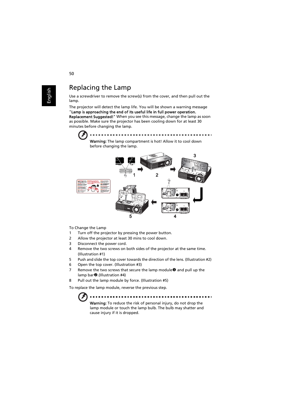 Replacing the lamp | Acer P1200 User Manual | Page 60 / 75