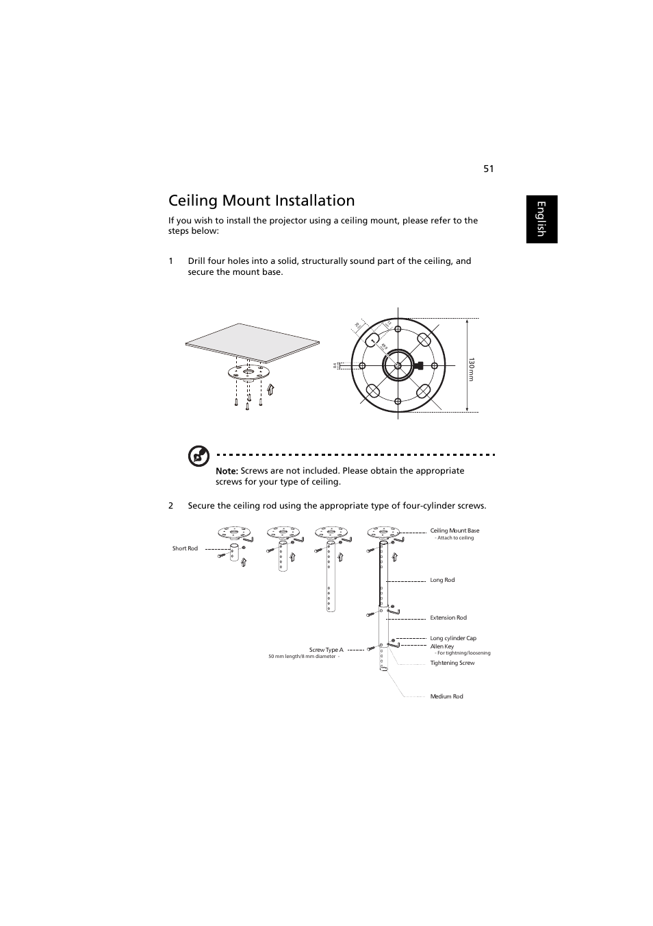 Ceiling mount installation, English | Acer P1200 User Manual | Page 61 / 75