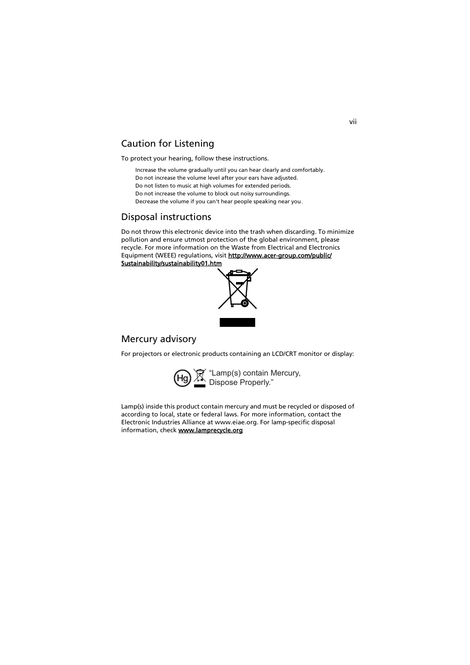 Caution for listening, Disposal instructions, Mercury advisory | Acer P1200 User Manual | Page 7 / 75