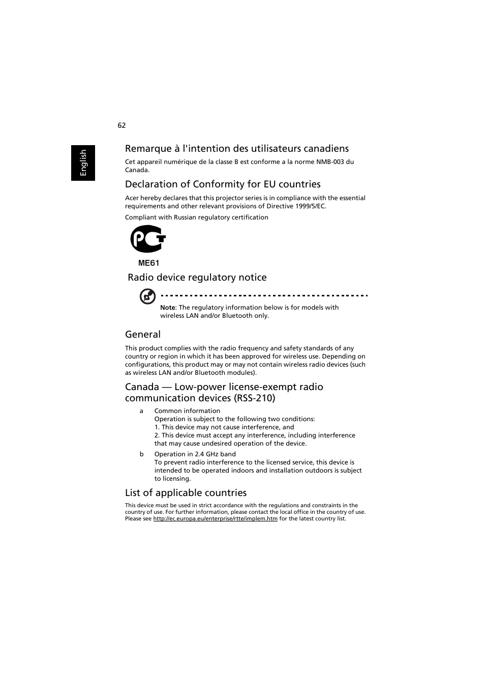 Remarque à l'intention des utilisateurs canadiens, Declaration of conformity for eu countries, Radio device regulatory notice | General, List of applicable countries | Acer P1200 User Manual | Page 72 / 75