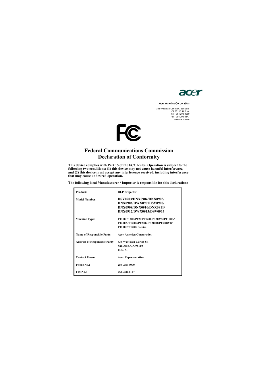 Acer P1200 User Manual | Page 75 / 75