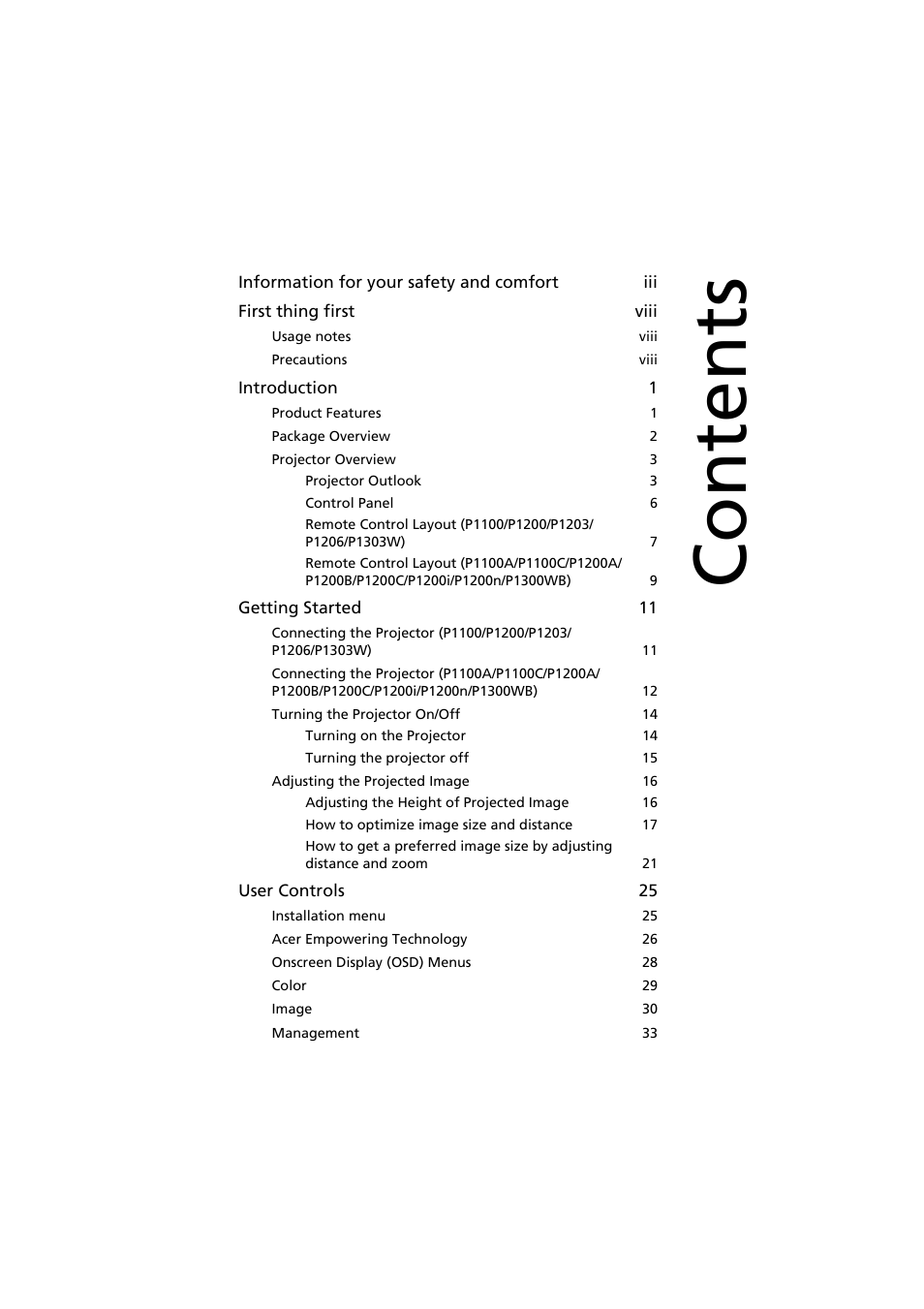 Acer P1200 User Manual | Page 9 / 75