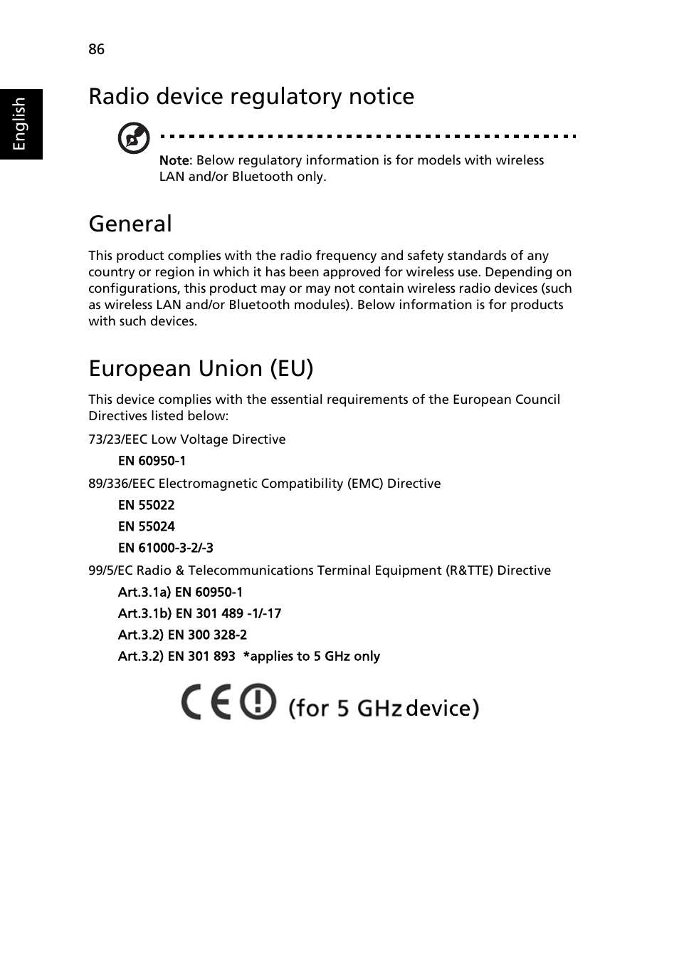 Radio device regulatory notice, General, European union (eu) | Acer Aspire 5100 User Manual | Page 100 / 107