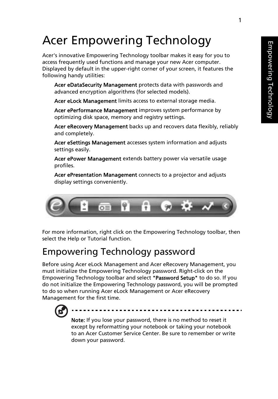 Acer empowering technology, Empowering technology password | Acer Aspire 5100 User Manual | Page 15 / 107