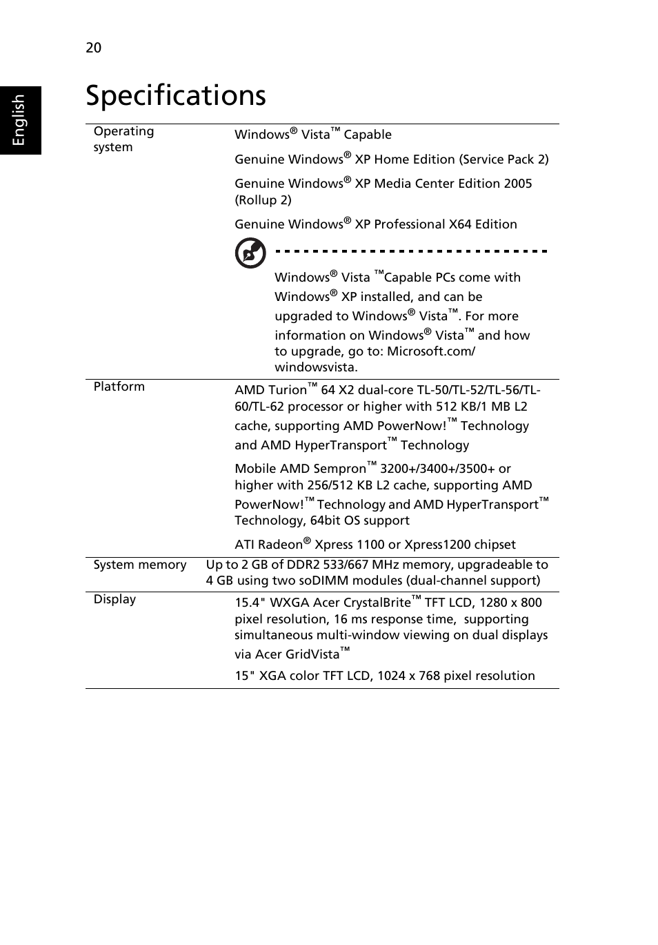 Specifications, English | Acer Aspire 5100 User Manual | Page 34 / 107