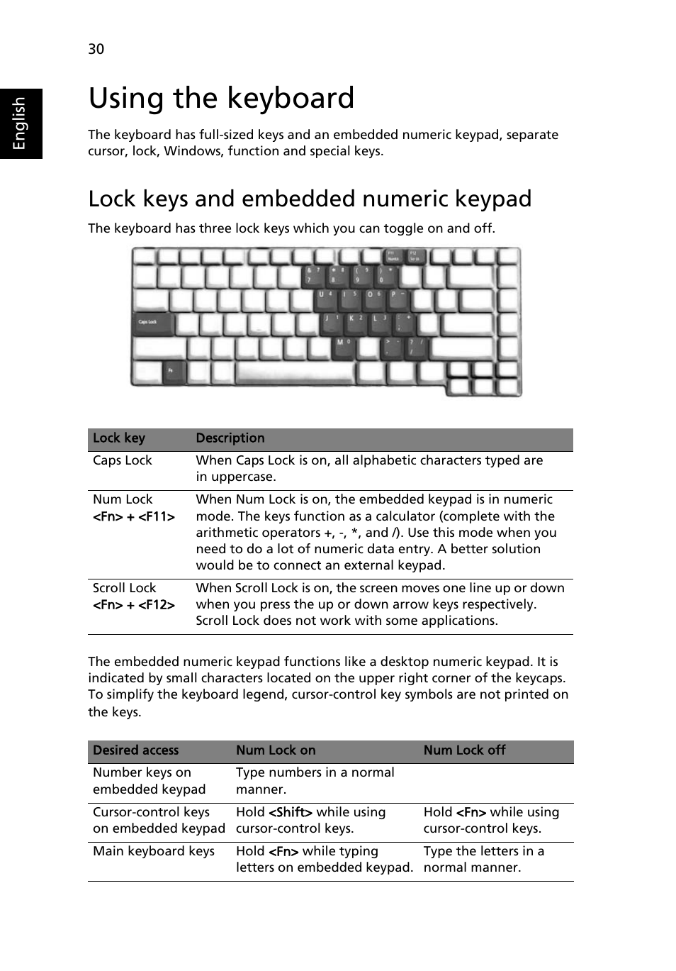 Using the keyboard, Lock keys and embedded numeric keypad | Acer Aspire 5100 User Manual | Page 44 / 107