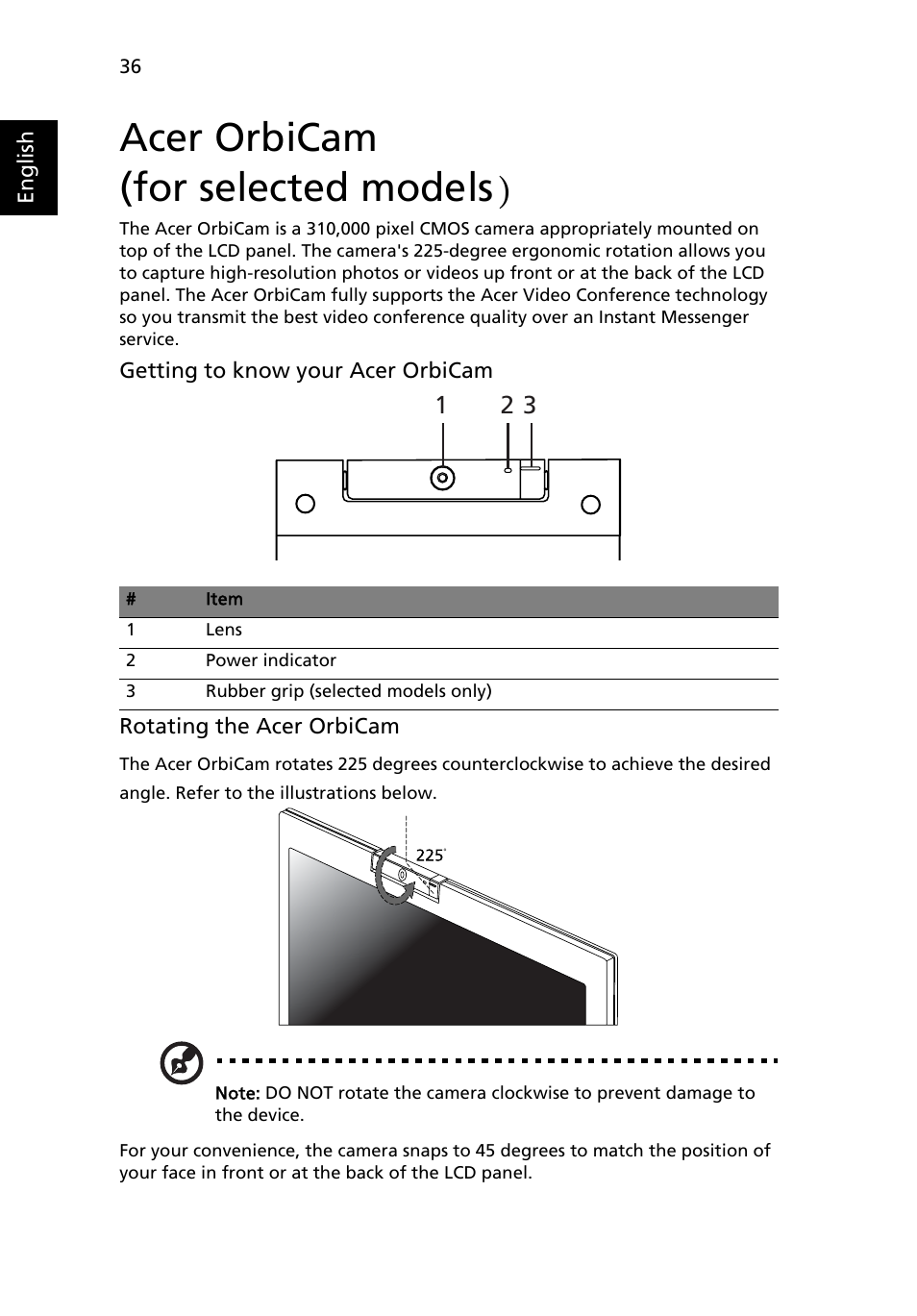 Acer orbicam (for selected models), Acer orbicam | Acer Aspire 5100 User Manual | Page 50 / 107