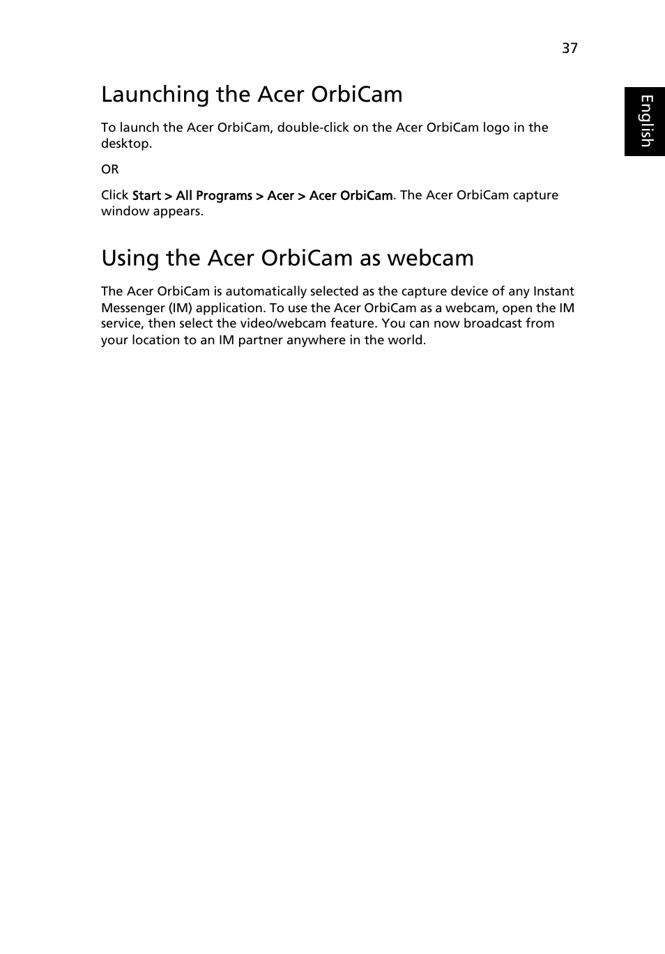 Launching the acer orbicam, Using the acer orbicam as webcam | Acer Aspire 5100 User Manual | Page 51 / 107