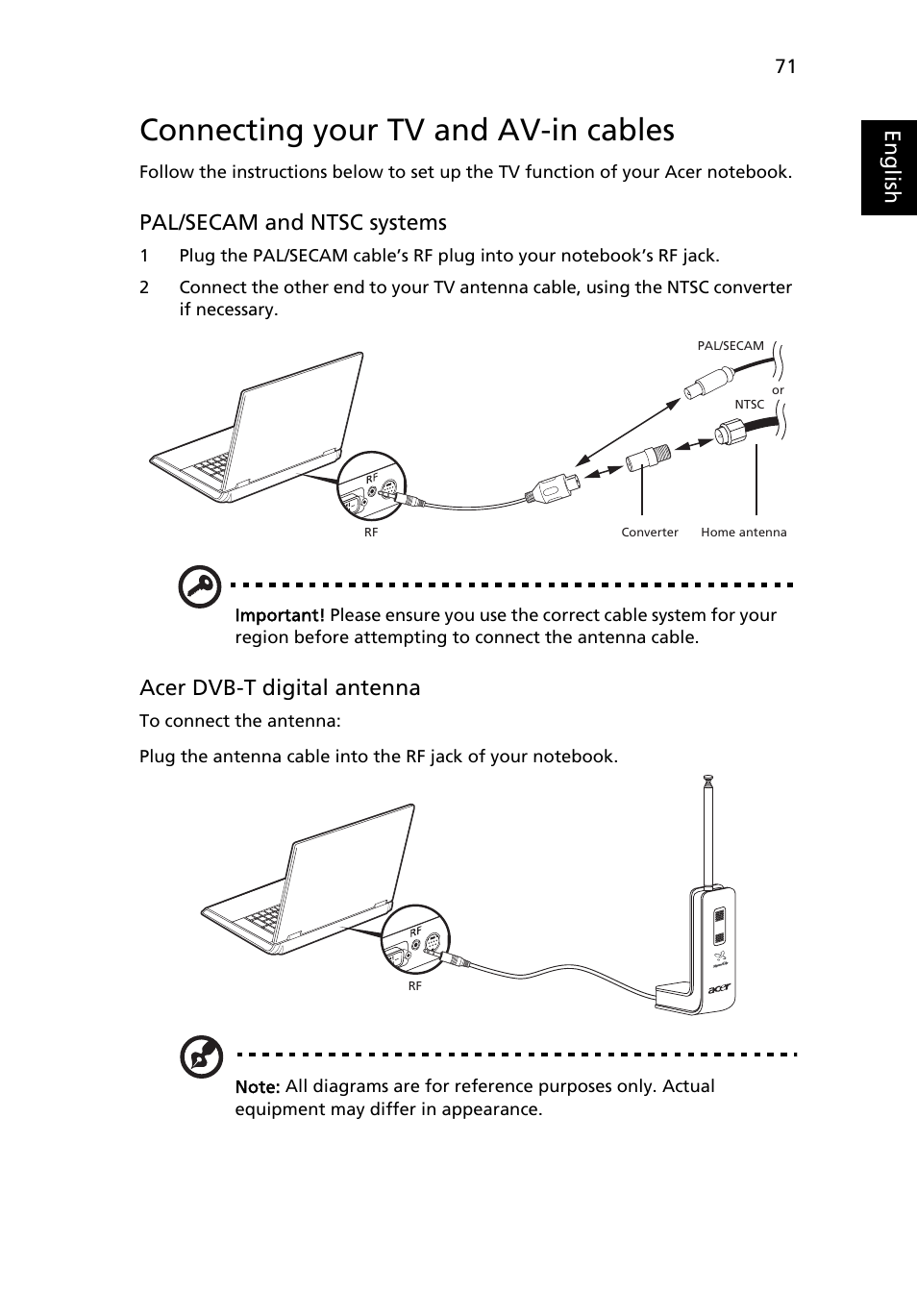 Connecting your tv and av-in cables, Eng lis h, Pal/secam and ntsc systems | Acer dvb-t digital antenna | Acer Aspire 5100 User Manual | Page 85 / 107