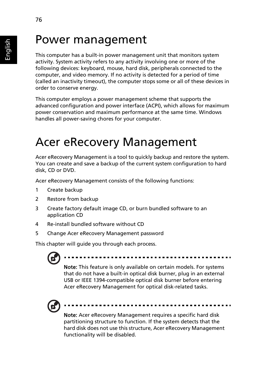 Power management, Acer erecovery management | Acer Aspire 5100 User Manual | Page 90 / 107