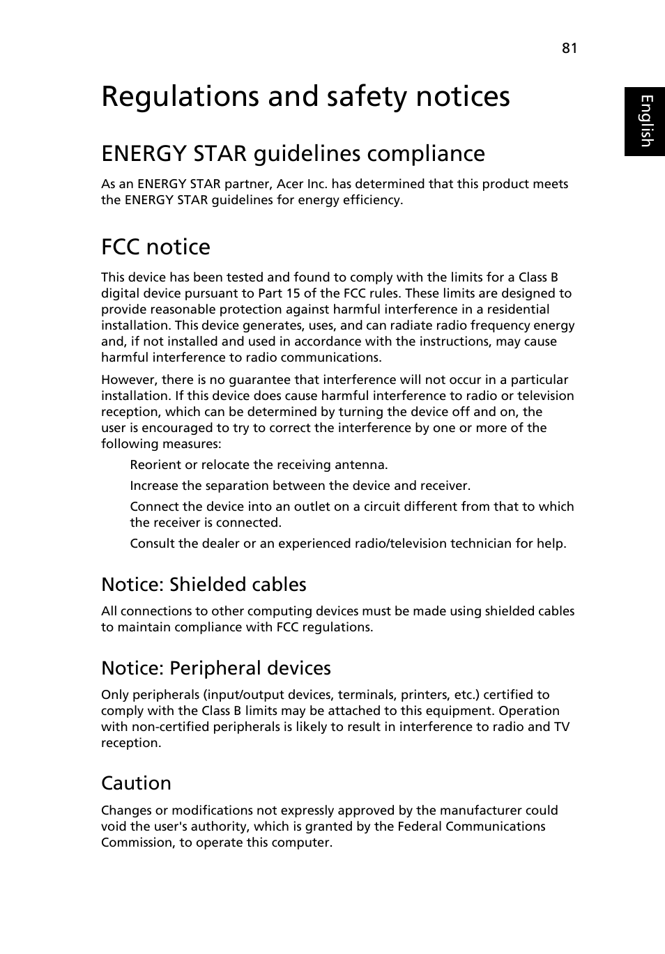 Regulations and safety notices, Energy star guidelines compliance, Fcc notice | Notice: shielded cables, Notice: peripheral devices, Caution | Acer Aspire 5100 User Manual | Page 95 / 107