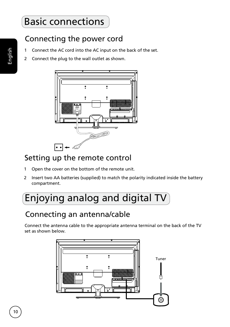 Basic connections enjoying analog and digital tv, Connecting the power cord, Connecting an antenna/cable | Setting up the remote control | Acer AT3228ML User Manual | Page 10 / 40