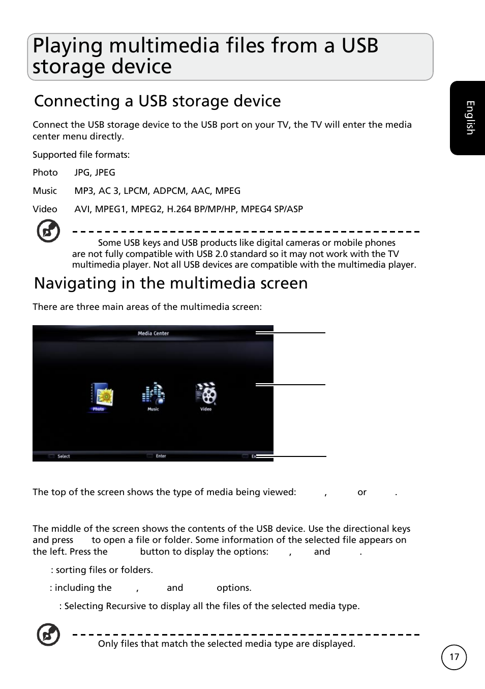 Playing multimedia files from a usb storage device, Connecting a usb storage device, Navigating in the multimedia screen | Acer AT3228ML User Manual | Page 17 / 40