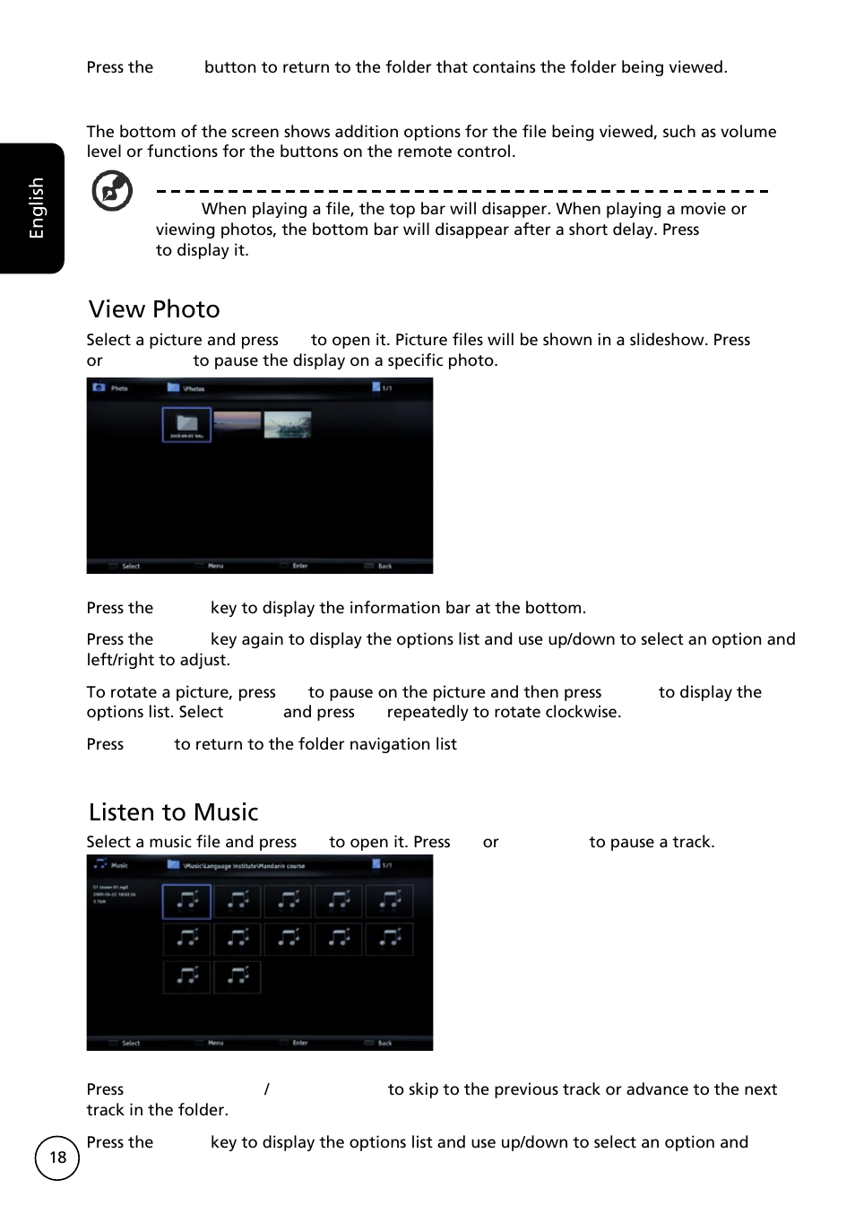 View photo, Listen to music | Acer AT3228ML User Manual | Page 18 / 40
