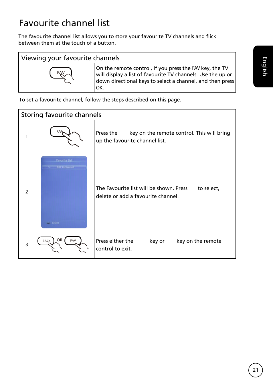 Favourite channel list, Viewing your favourite channels, Storing favourite channels | Acer AT3228ML User Manual | Page 21 / 40