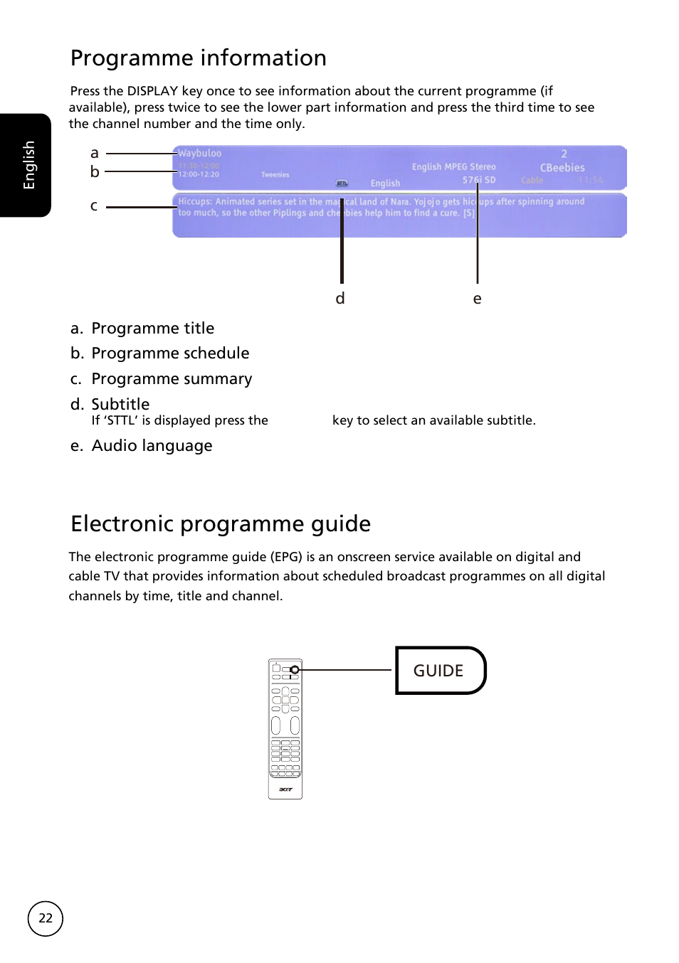 Programme information, Electronic programme guide | Acer AT3228ML User Manual | Page 22 / 40