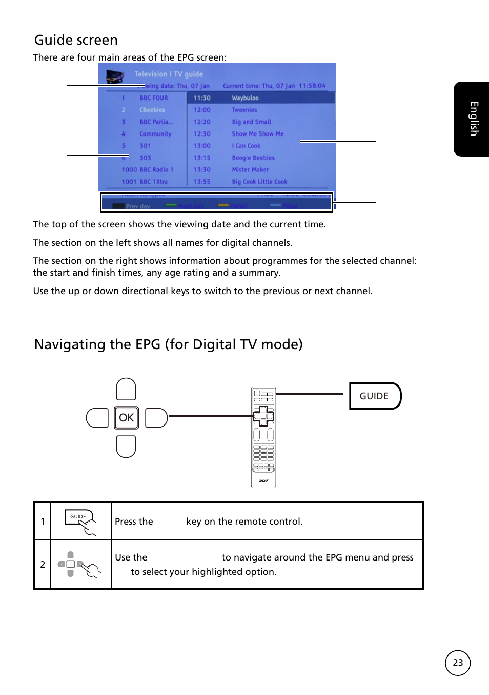 Guide screen, Navigating the epg (for digital tv mode) | Acer AT3228ML User Manual | Page 23 / 40