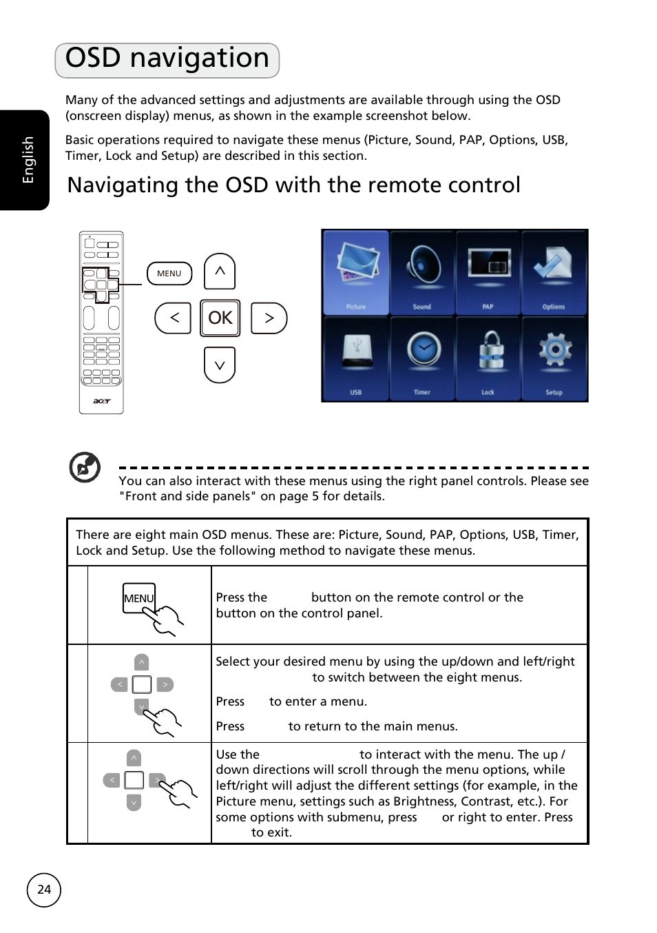 Osd navigation, Navigating the osd with the remote control | Acer AT3228ML User Manual | Page 24 / 40