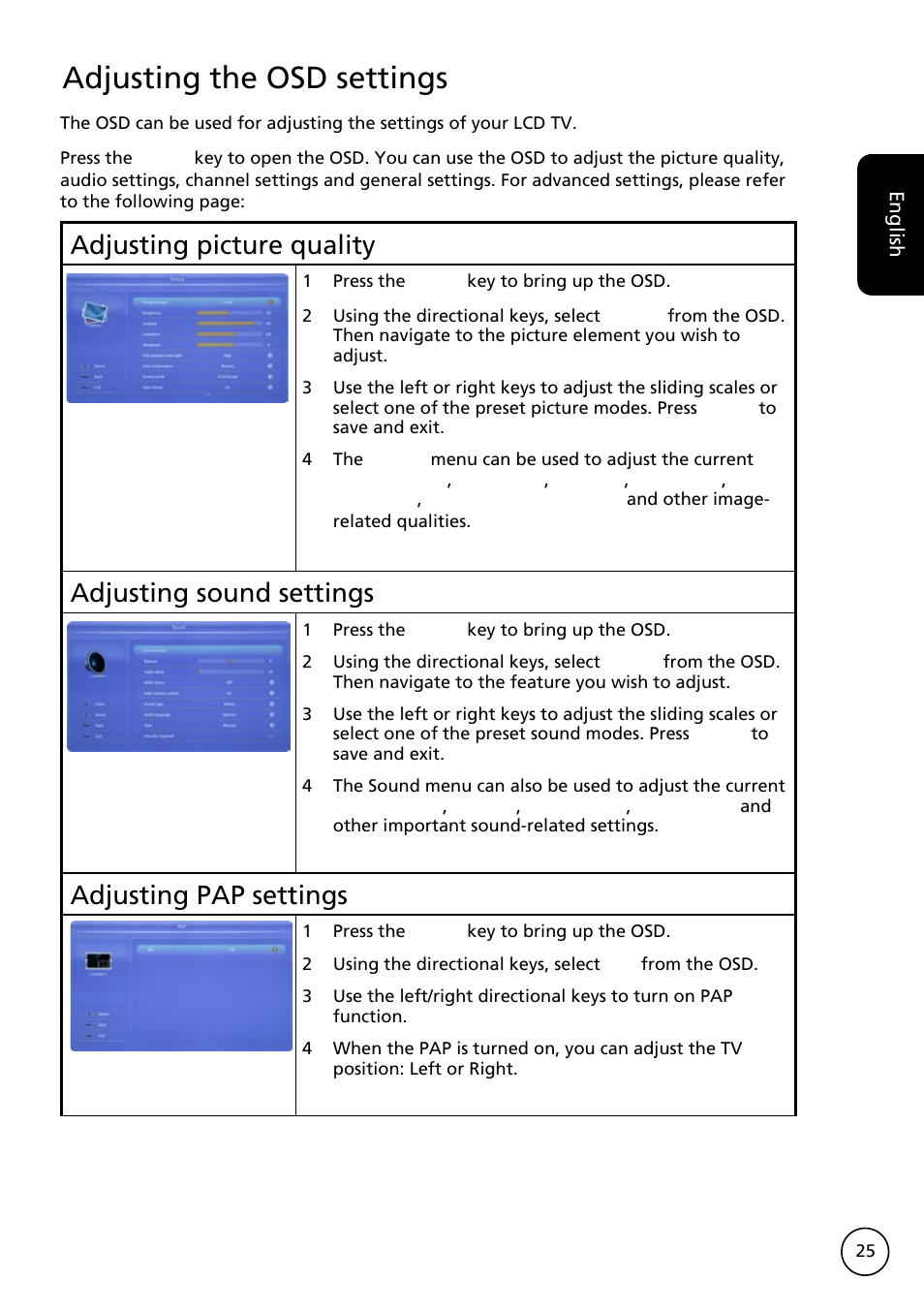 Adjusting the osd settings, Adjusting picture quality, Adjusting sound settings | Adjusting pap settings, English | Acer AT3228ML User Manual | Page 25 / 40