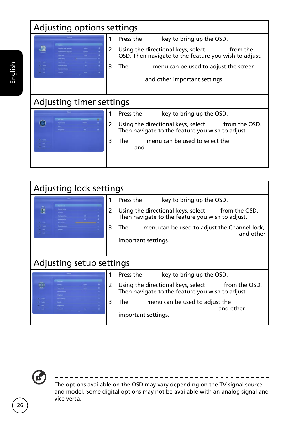 Adjusting timer settings, Adjusting lock settings, Adjusting setup settings | Adjusting options settings | Acer AT3228ML User Manual | Page 26 / 40