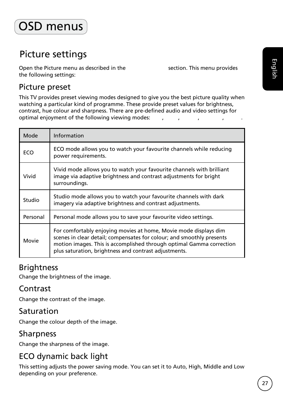 Osd menus, Picture settings, Picture preset | Brightness, Contrast, Saturation, Sharpness, Eco dynamic back light | Acer AT3228ML User Manual | Page 27 / 40