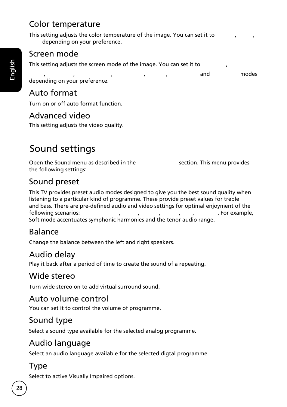 Sound settings, Color temperature, Screen mode | Auto format, Advanced video, Sound preset, Balance, Audio delay, Wide stereo, Auto volume control | Acer AT3228ML User Manual | Page 28 / 40