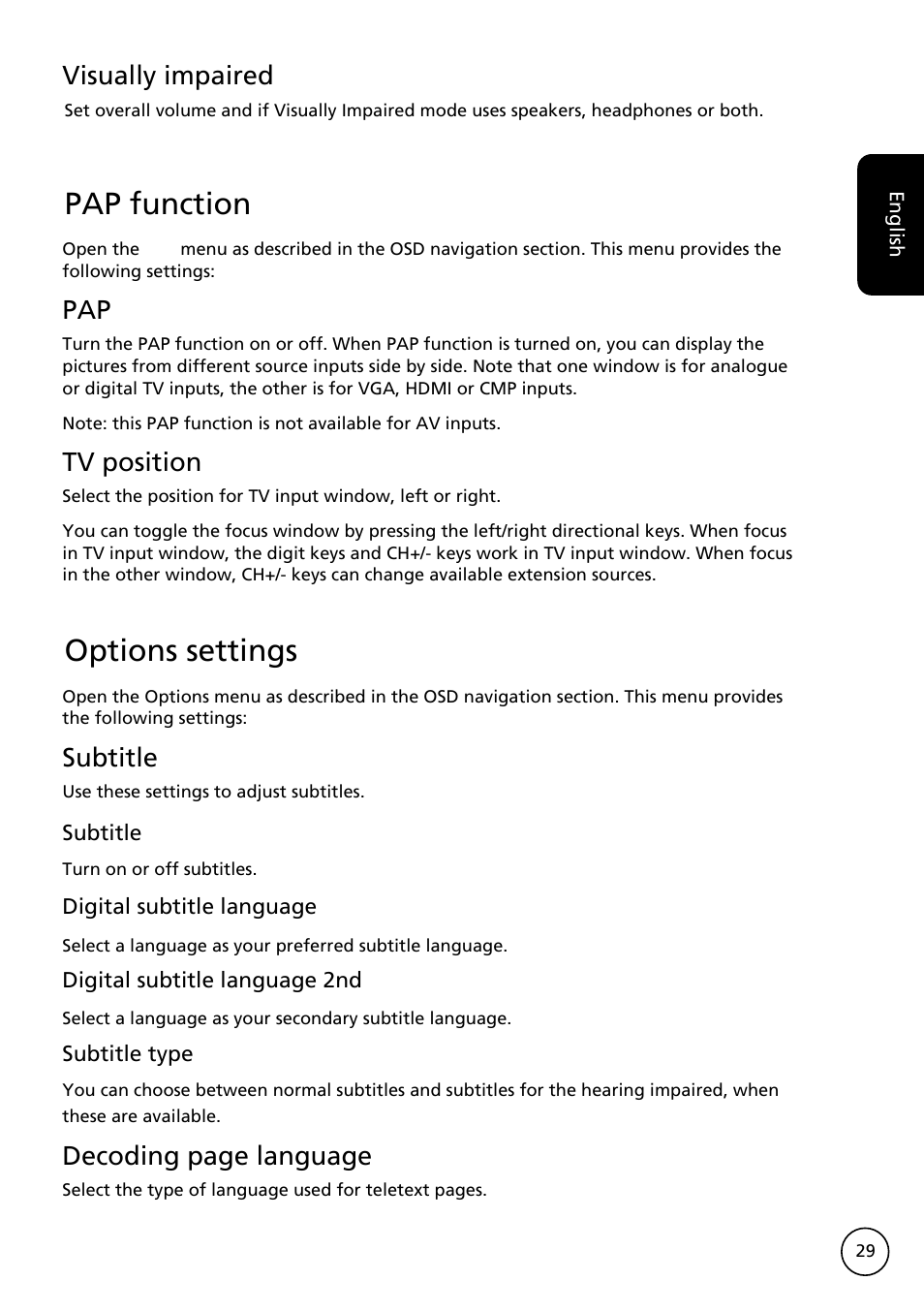 Pap function, Options settings, Visually impaired | Tv position, Subtitle, Decoding page language | Acer AT3228ML User Manual | Page 29 / 40